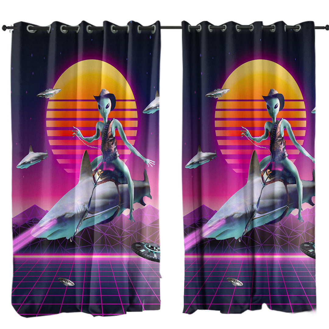 Curtains for Bedroom with Funny Fiction Art Cowboy Space Alien Riding Shark