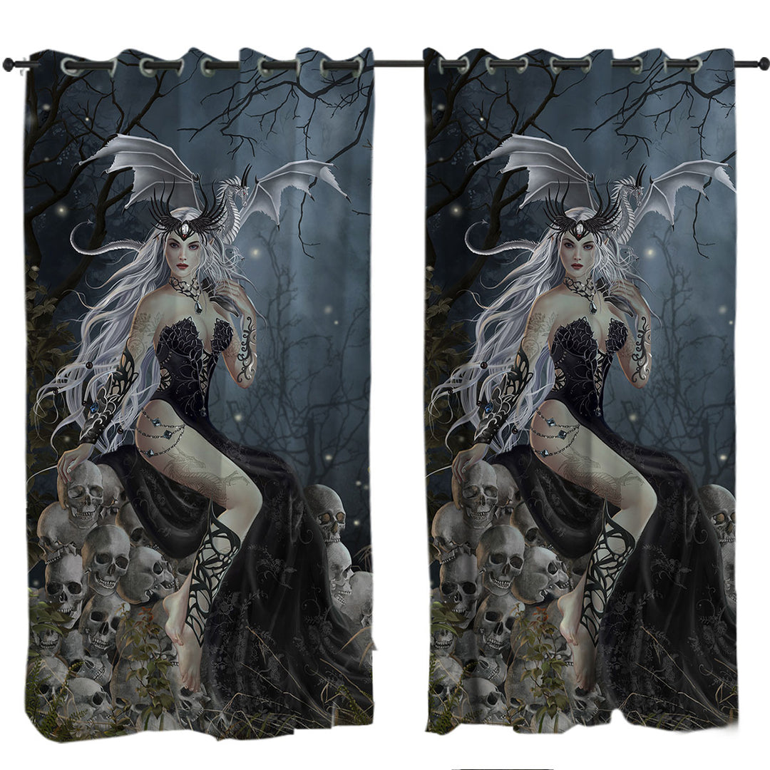 Curtains for Bedroom with Gothic Fantasy Art the Mad Queen Dragon and Skulls