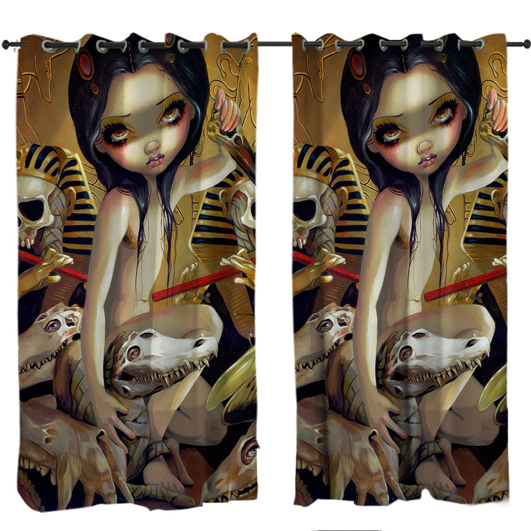 Curtains for Bedroom with Priestess of Nyarlathotep Egyptian Maiden and Skulls