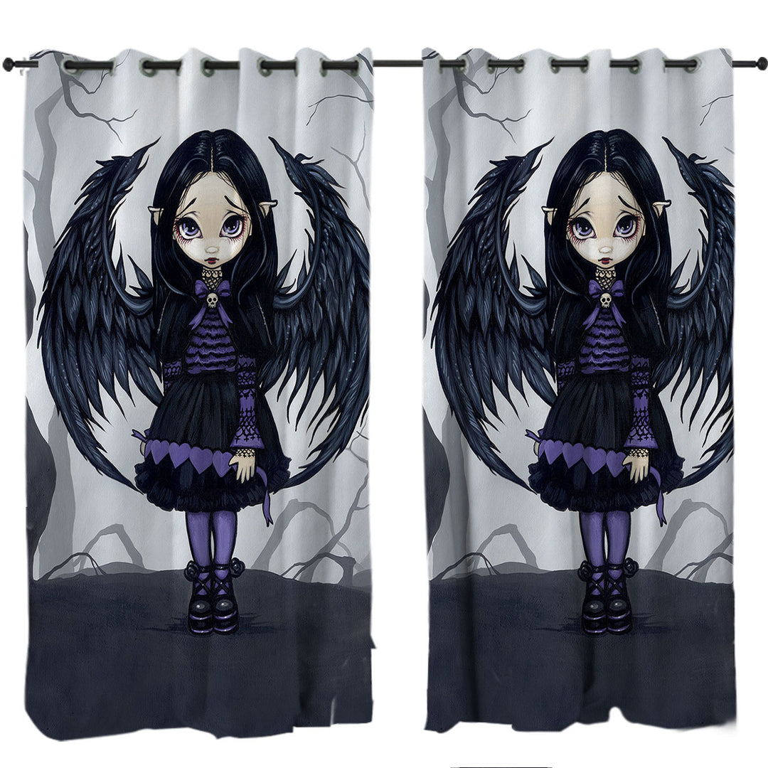 Curtains for Bedroom with Purple Paper Hearts Gothic Angel in a Scary Forest