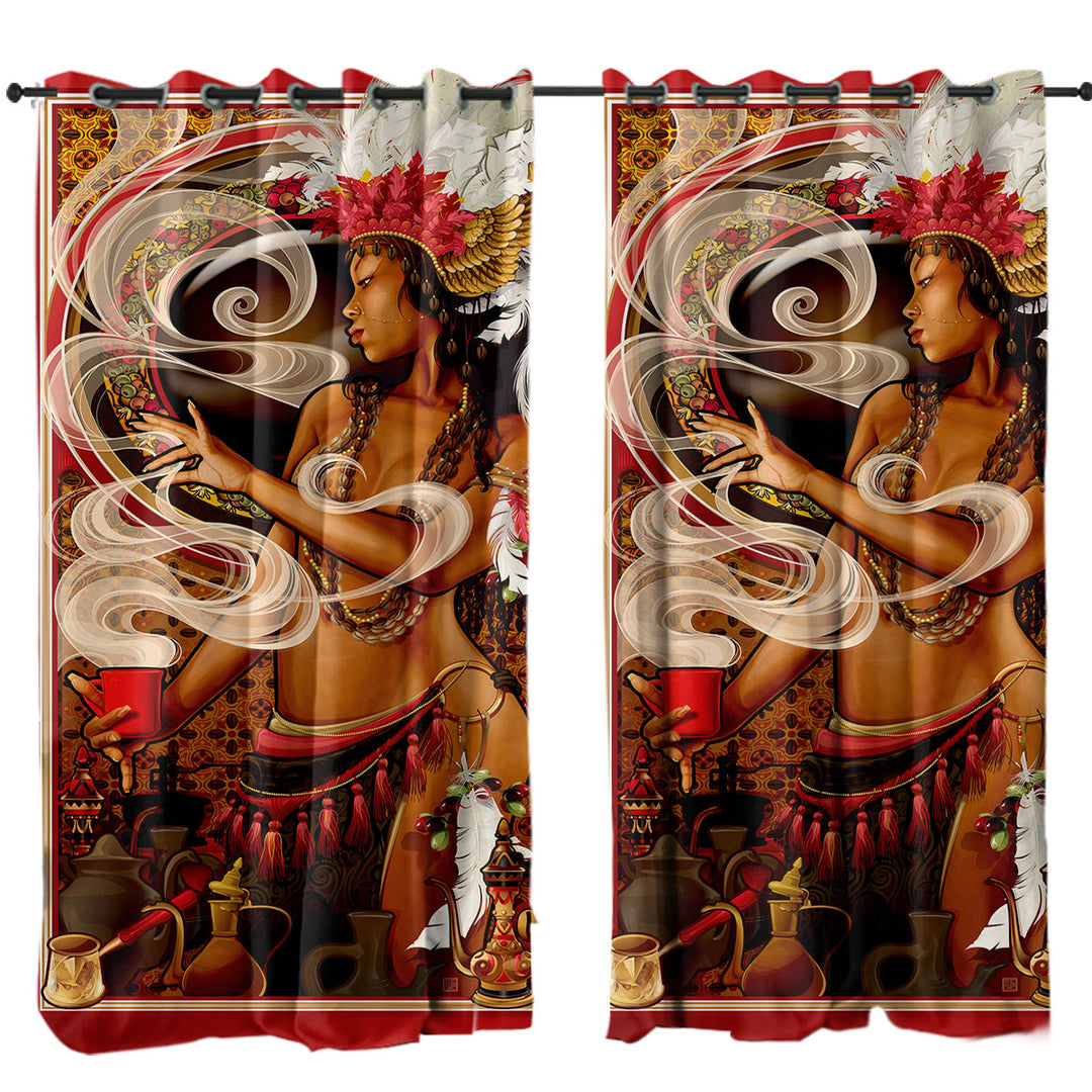 Curtains for Bedroom with Sexy Black Girl Goddess of Coffee