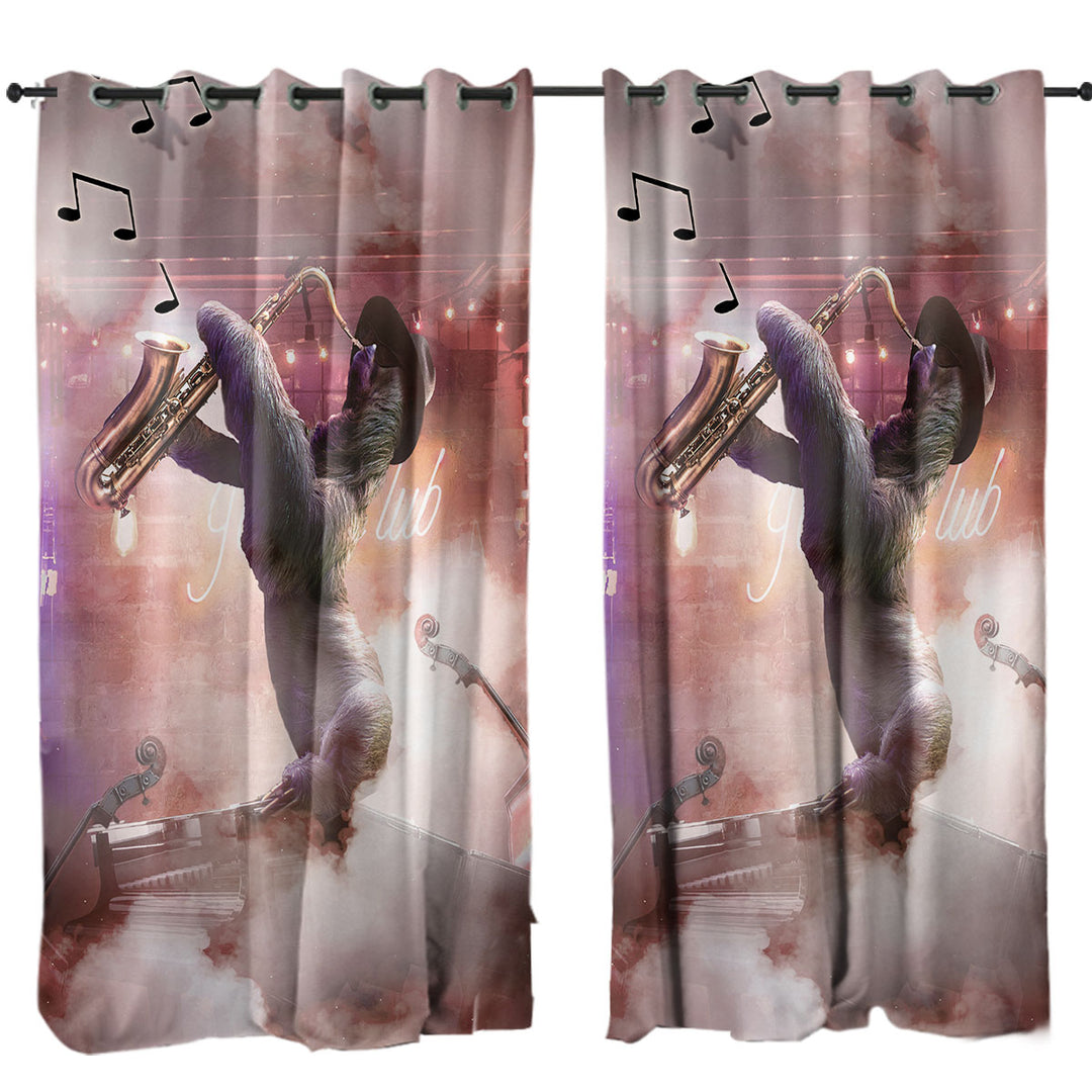 Curtains for Living Room with Cool and Funny Playing Saxophone Sloth