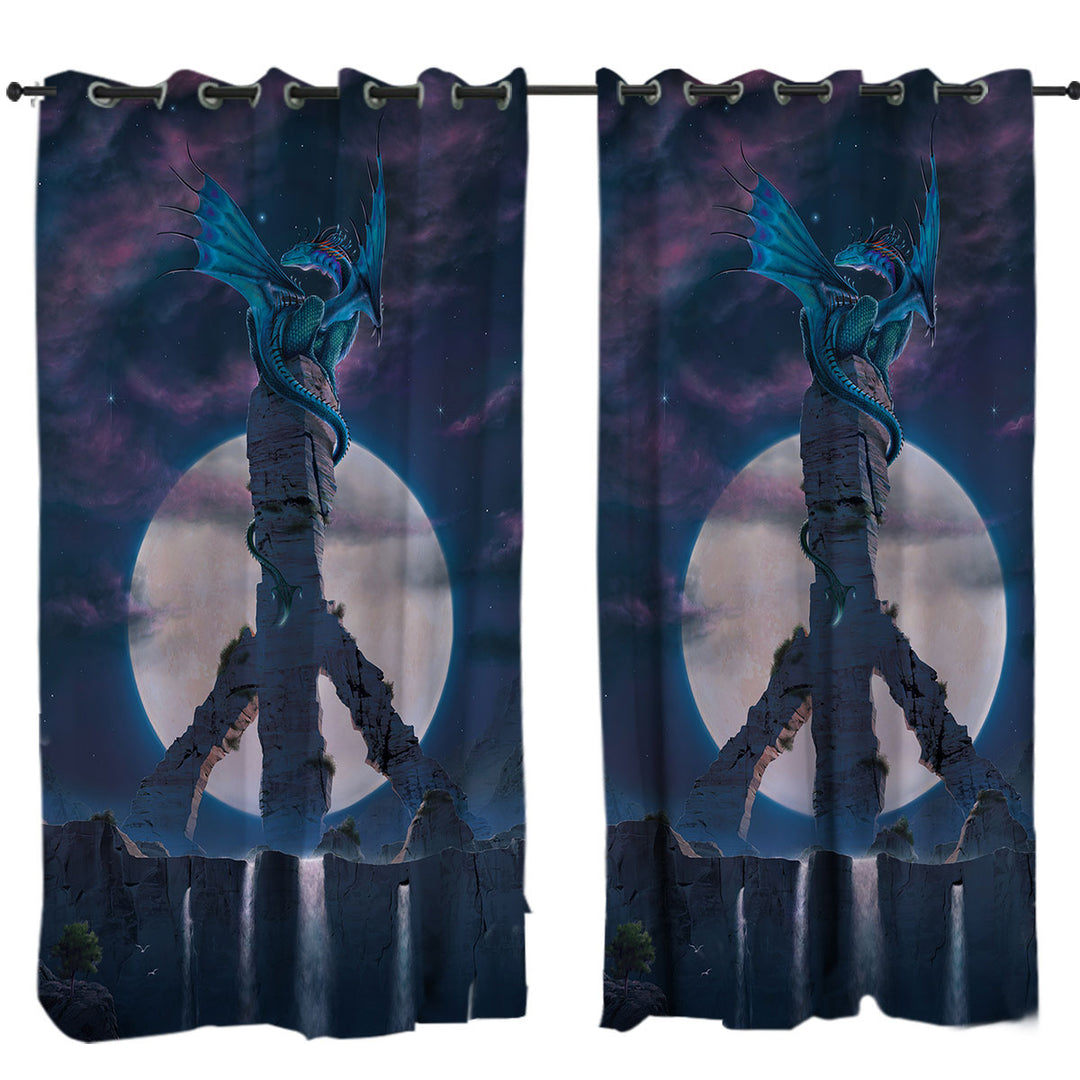 Curtains for Living Room with Fantasy Art Moon Peace Dragon