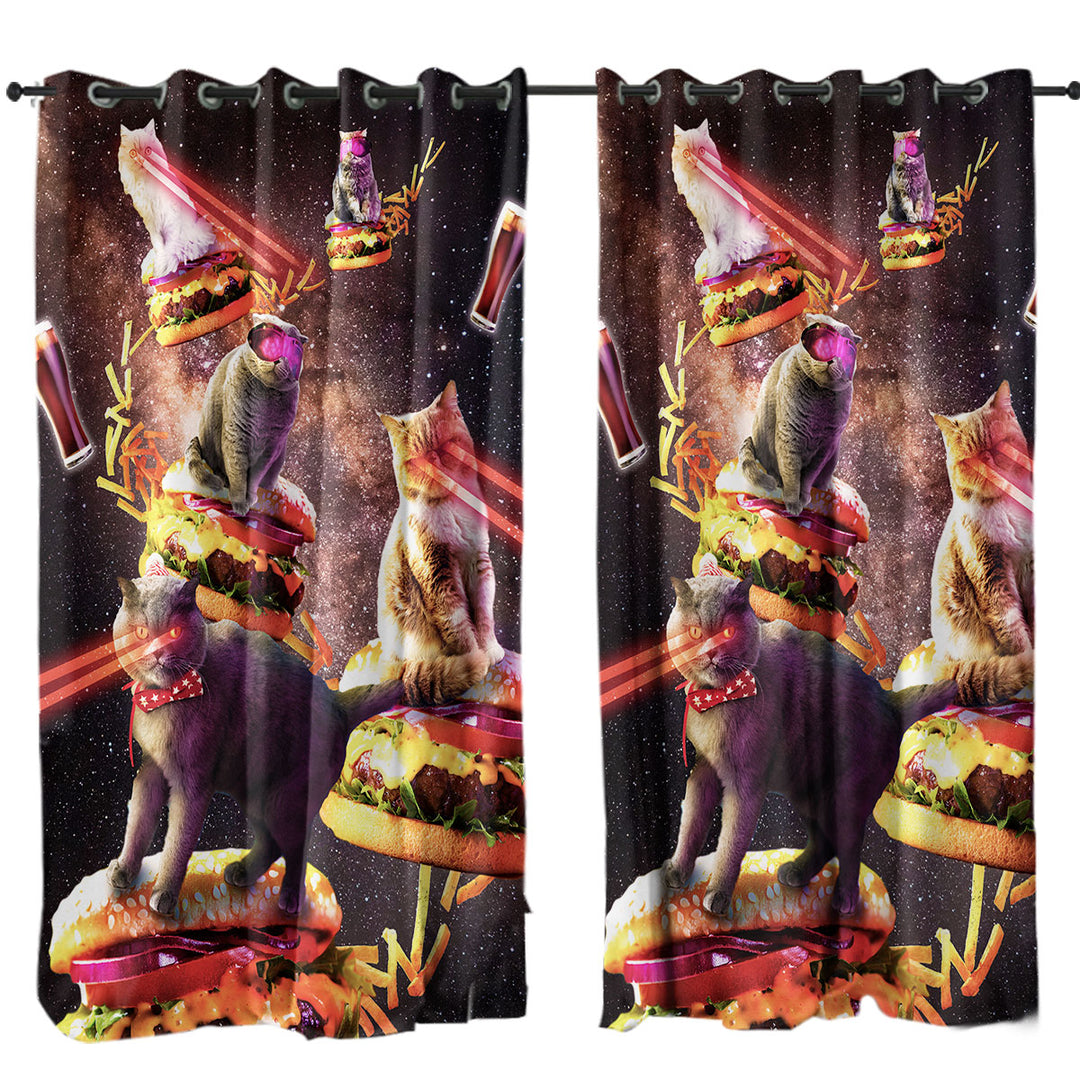 Curtains for Living Room with Funny and Cool Galaxy Cat on Cheeseburger