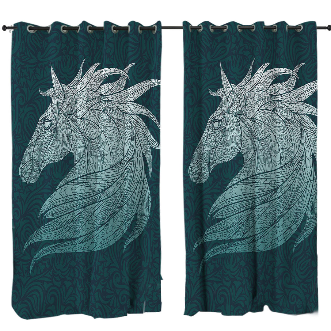 Curtains for Living Room with Native Elements Blue Horse Head