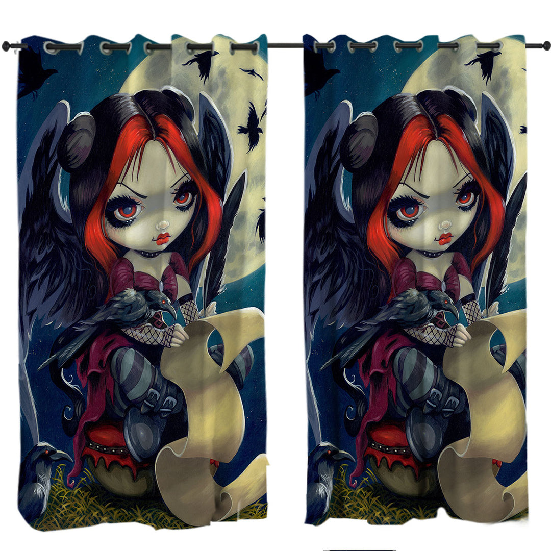 Curtains for Living Room with Poe The Raven Gothic Girl with Wings at Night