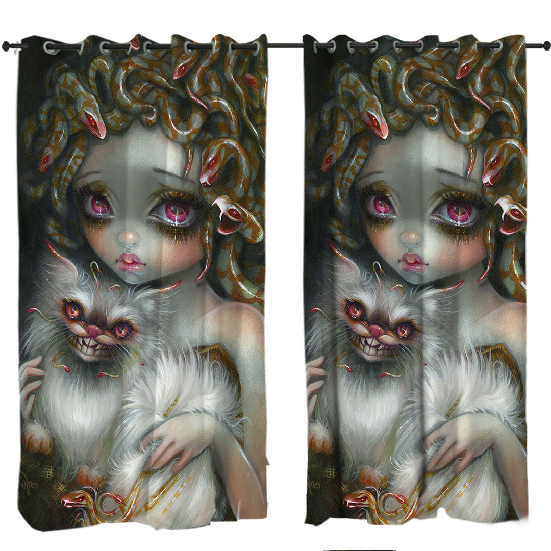 Curtains for Living Room with Scary Fantasy Art Medusa Girl and Her Cat