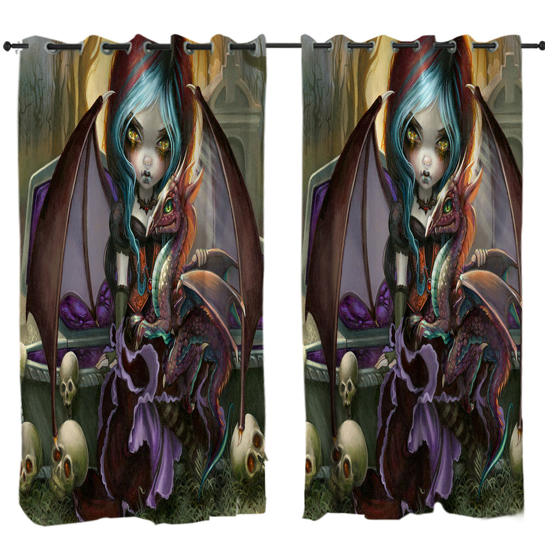 Curtains for Living Room with Scary Gothic Art Dragon Girl and Vampire Dragonling