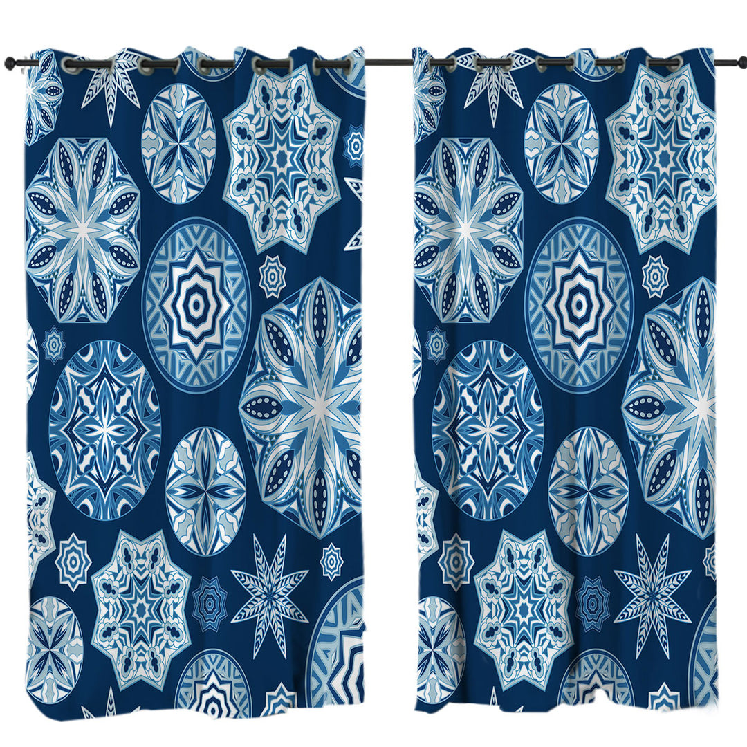 Curtains for Living Room with Sparkling Blue Snowflakes Mandalas