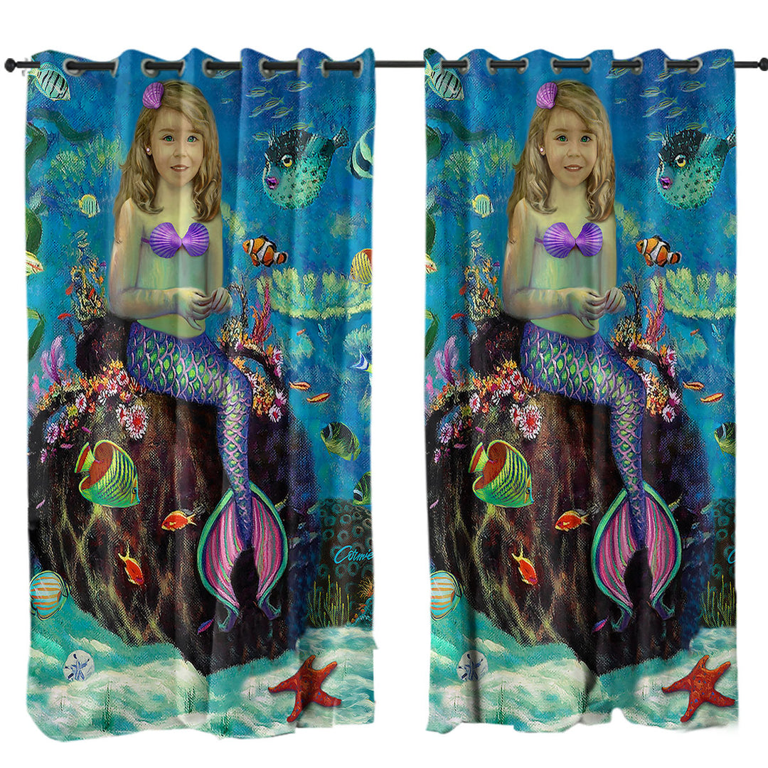 Curtains for Living Room with Underwater Art Fish and Girl Mermaid on Urn