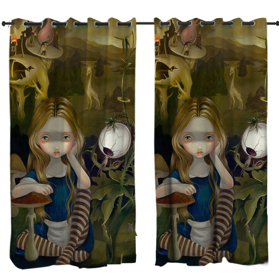 Curtains with Alice in a Bosch Landscape