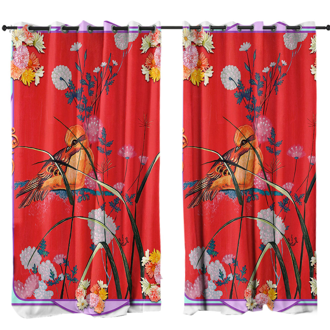 Curtains with Asian Art Painting Bird on Red