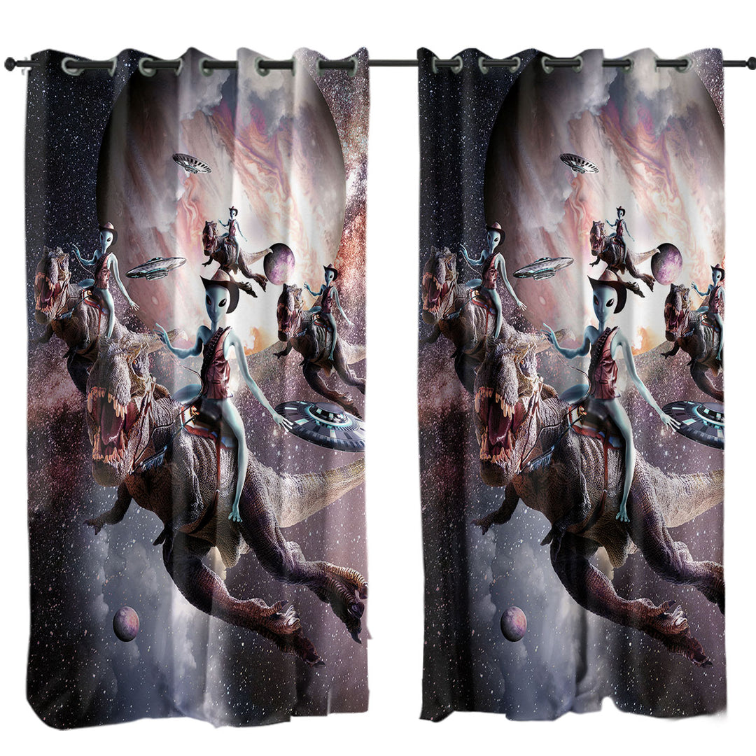 Curtains with Awesome Cool Art Alien Riding Dinosaur in Space