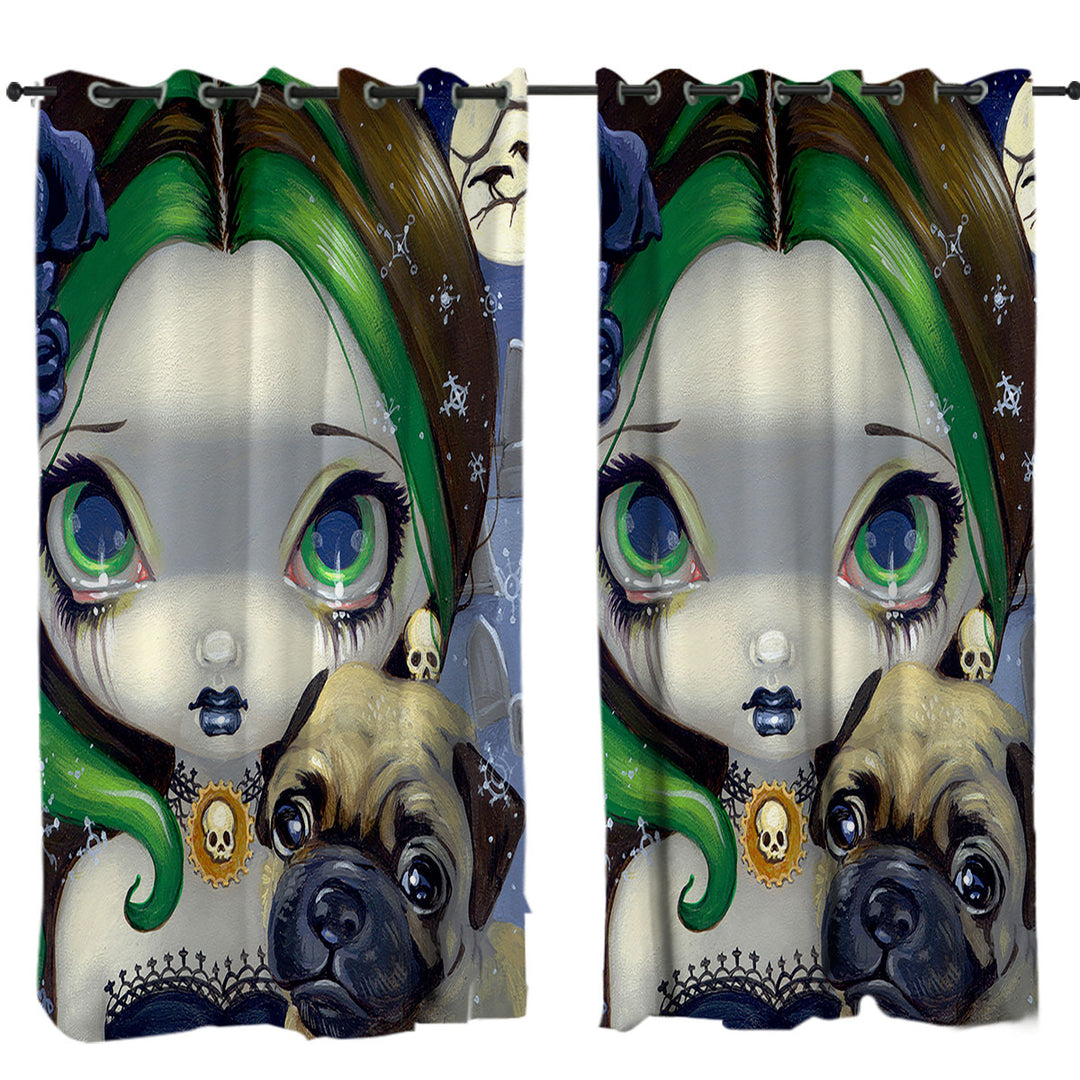 Curtains with Faces of Faery _145 Cemetery Goth Girl and Pug Dog