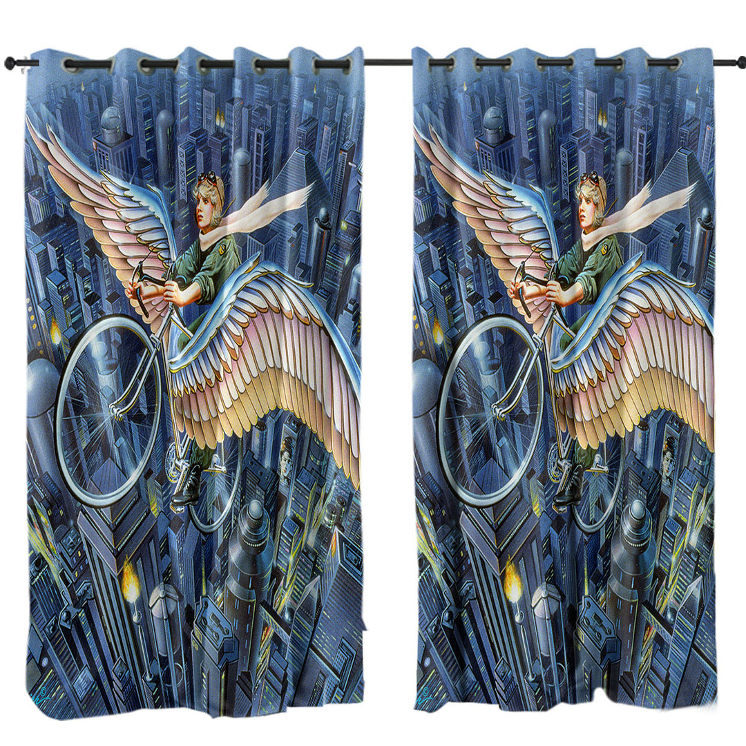 Curtains with Future Icarus Bicycle Wings above the City