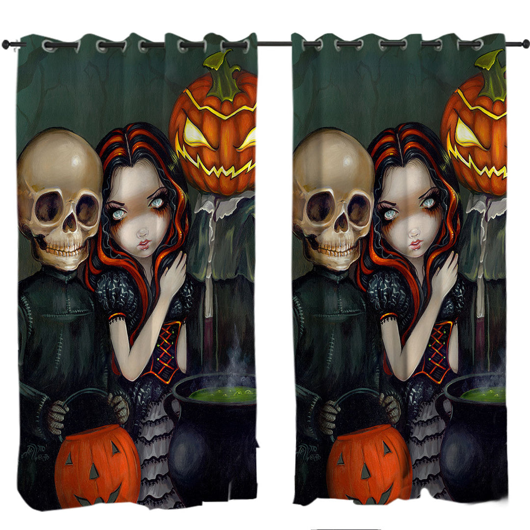 Curtains with Halloween Out Trick or Treating Witch and Skeleton