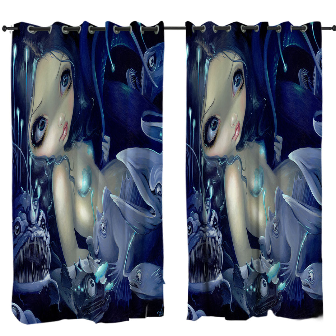 Curtains with In the Abyss Scary Underwater Art Fish and Mermaid