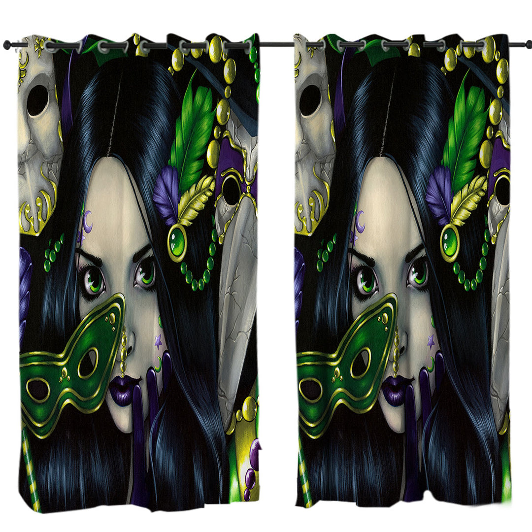 Curtains with Mardi Gras Masquerade Purple Green and Gold Masks