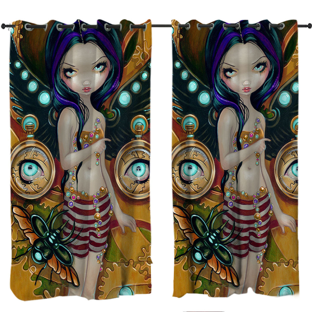 Curtains with Mechanical Angel Steampunk Glowing Eyes Girl