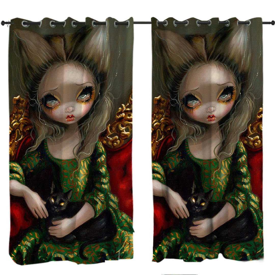 Curtains with Rococo Portrait style Princess with a Black Catq