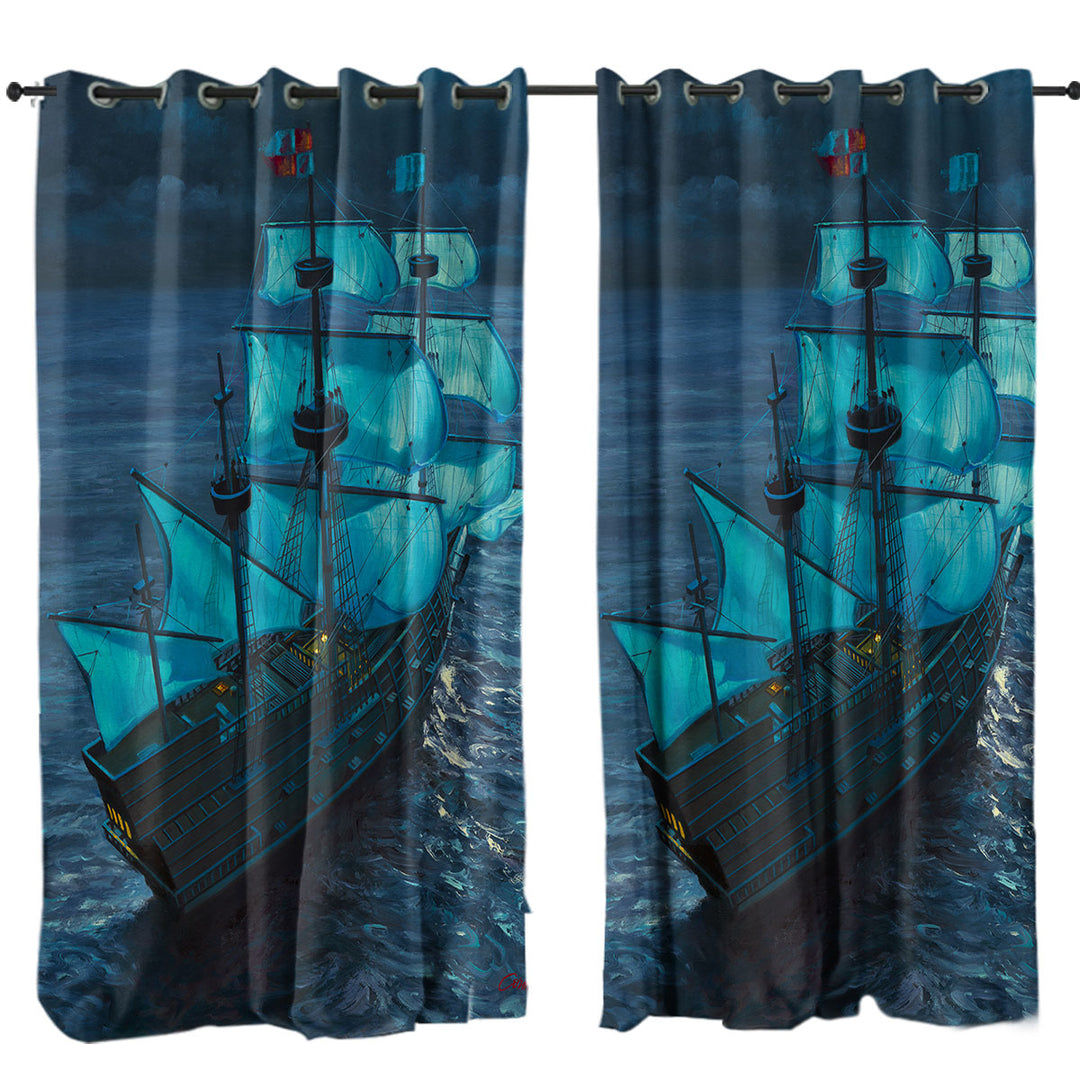 Curtains with Sailing Ship Moonlight Voyage