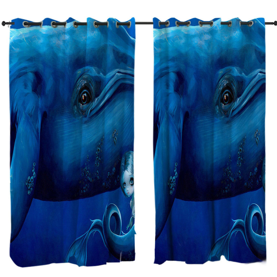 Curtains with Underwater Art Big Blue Whale and Mermaid