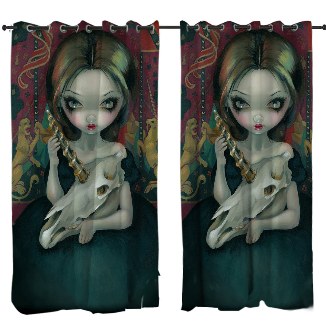 Curtains with Unicorn_s Ghost Melancholy Goth Girl Holds a Skull