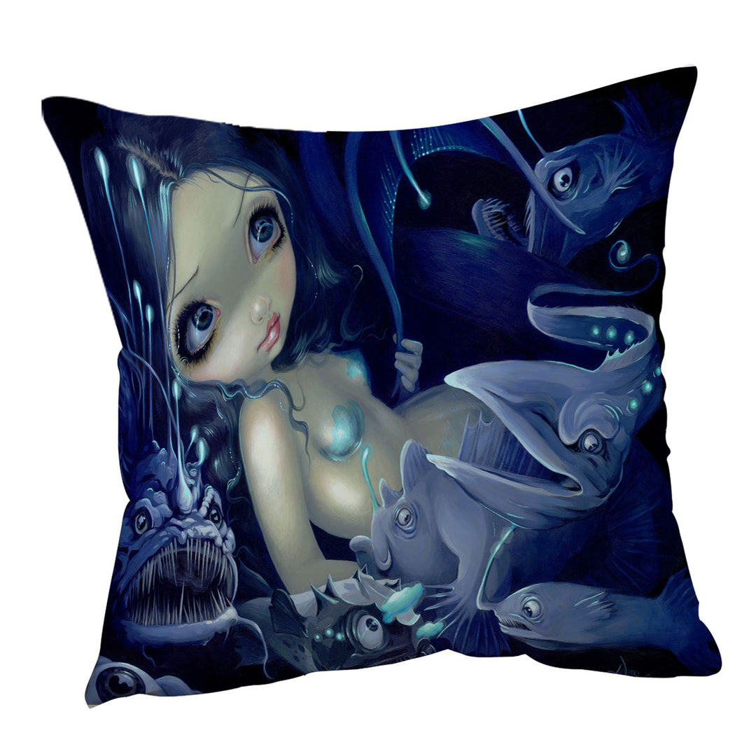 Cushion Cover with Scary Underwater Art Fish and Mermaid