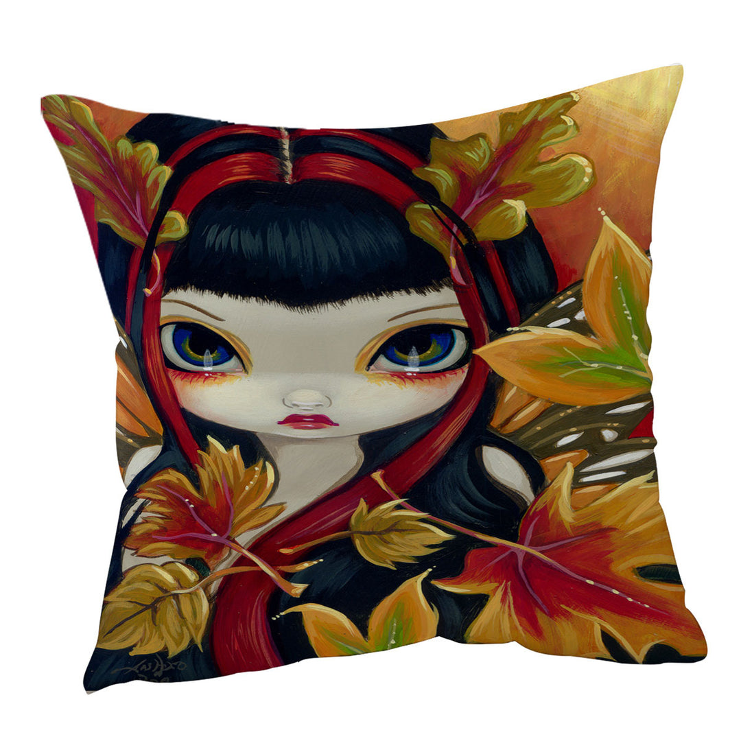 Cushion Covers with Autumn Leaves Big Eyed Winged Girl