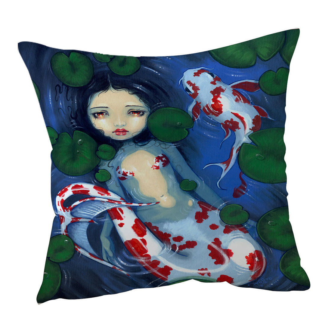 Cushion Covers with Japanese Garden Lily Pads and Koi Pond Mermaid