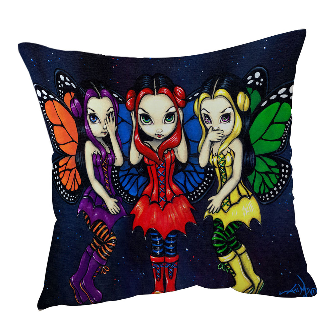 Cushion Covers with Three Wise Faeries No See Hear and Speak