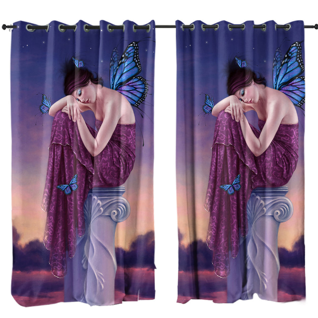 Custom Curtains with Art Painting Sunset Sleepy Butterfly Girl