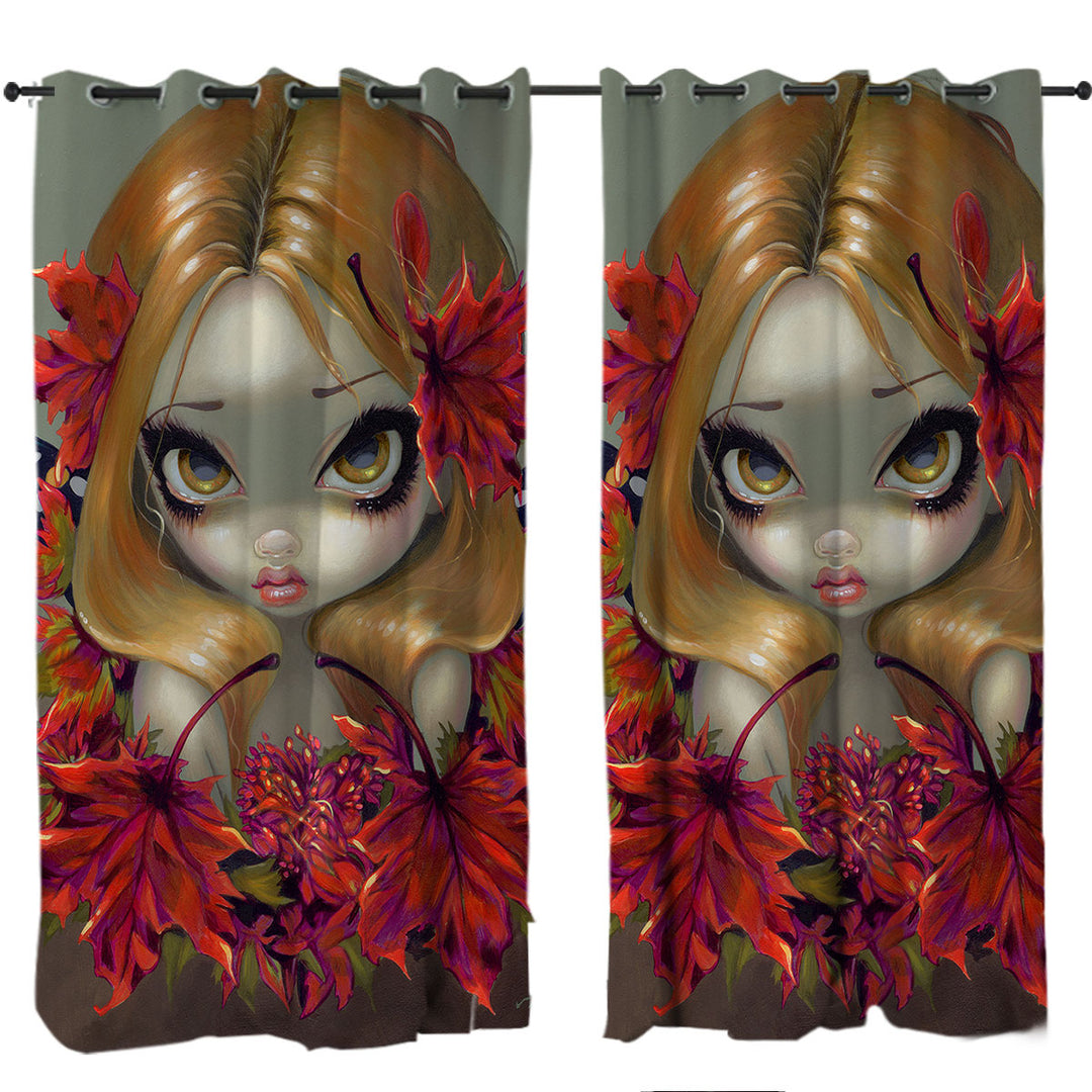 Custom Curtains with Big Eyed Fairy Portrait the Red Maple Leaves Fairy