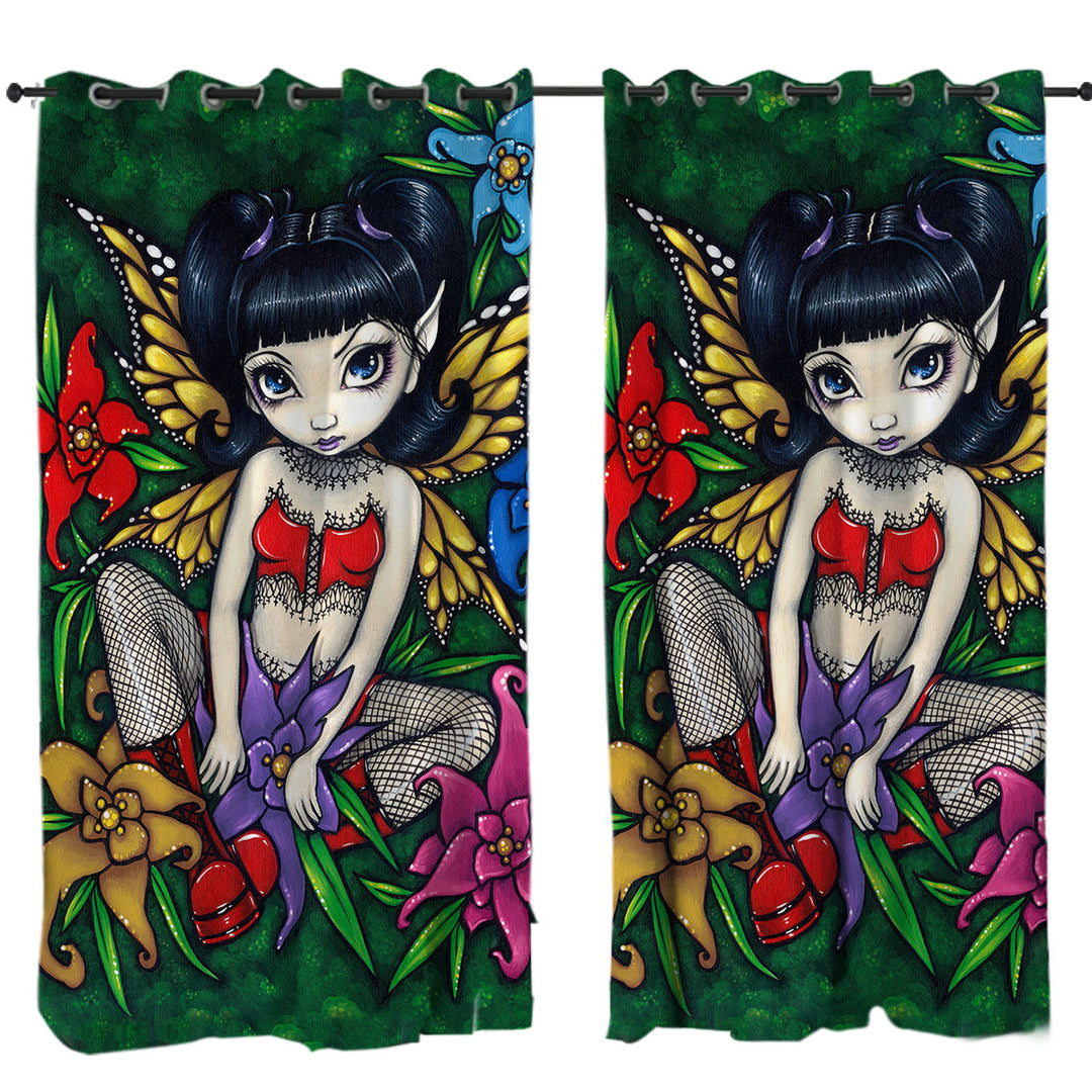 Custom Curtains with Cute Goth Fairy Fishnets and Flowers