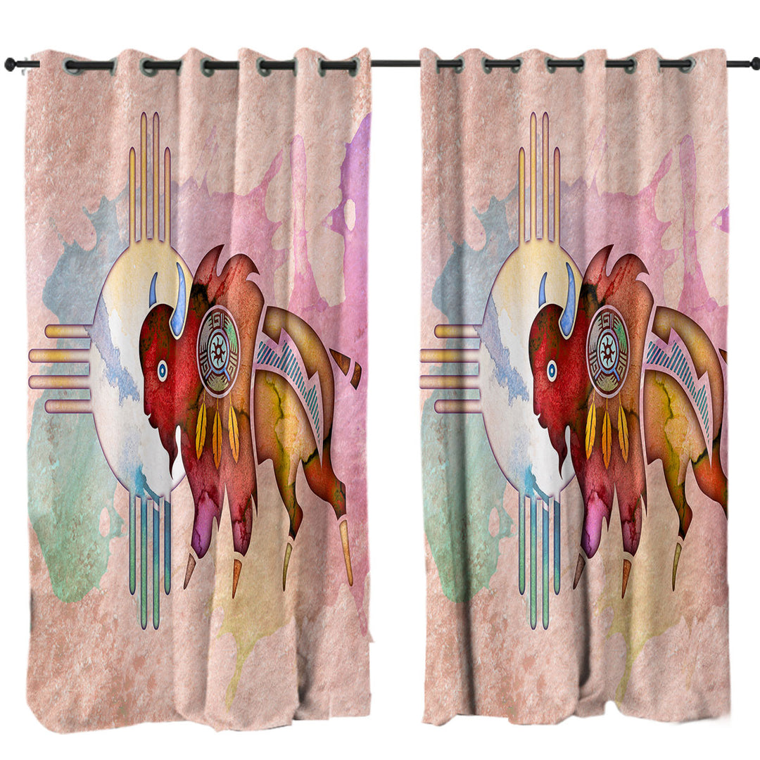 Custom Curtains with Native American Animal Art Painted Buffalo