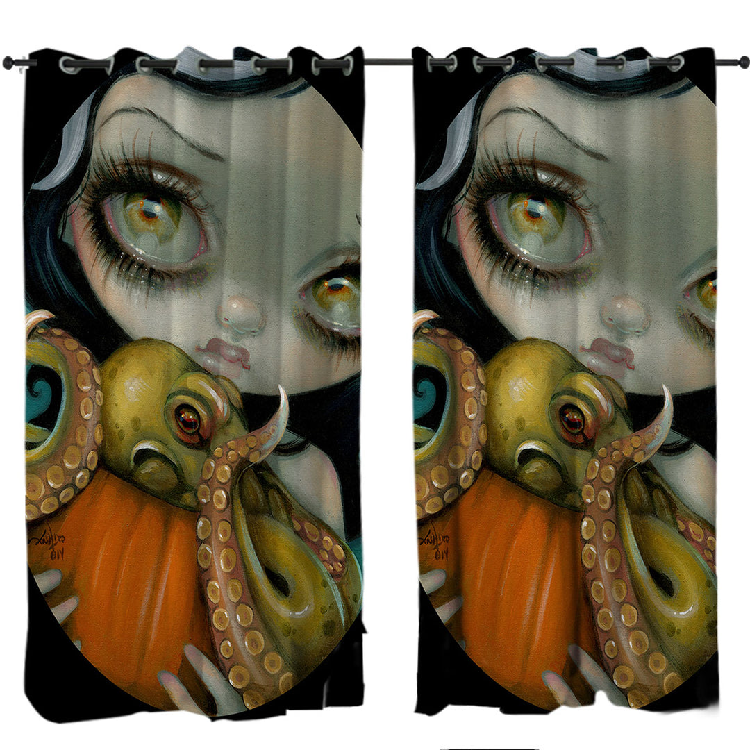 Custom Drapes with Halloween Gothic Girl Hold Pumpkin with Octopus