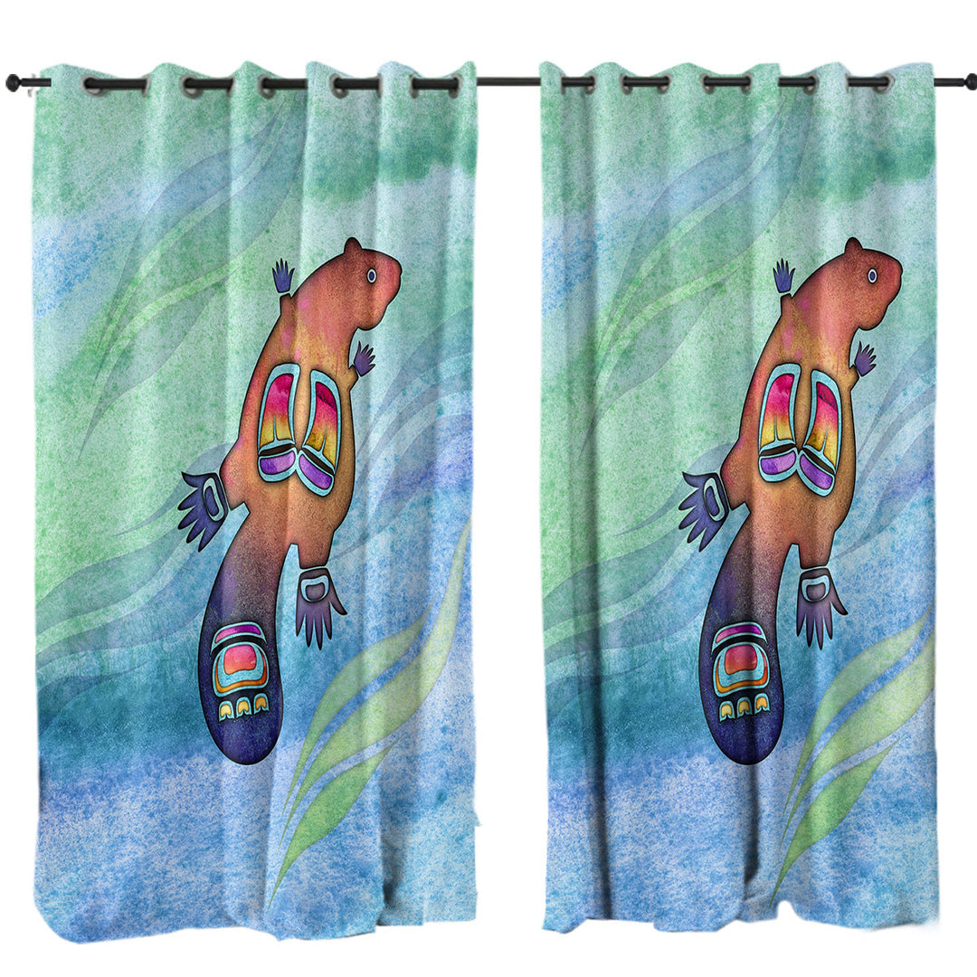 Custom Drapes with Native American Art Cute Painted Beaver