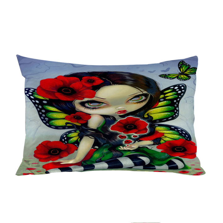 Custom Pillow Cases with Lovely Big Eyed Butterfly Fairy with Red Poppies