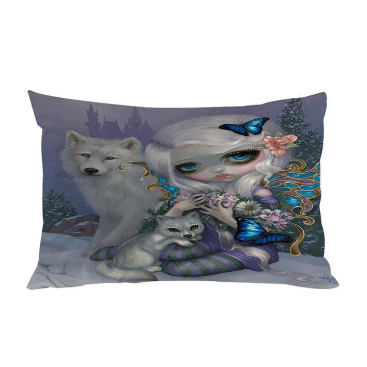 Custom Pillow Cases with Winter Fairy with Two White Wolves and Butterflies