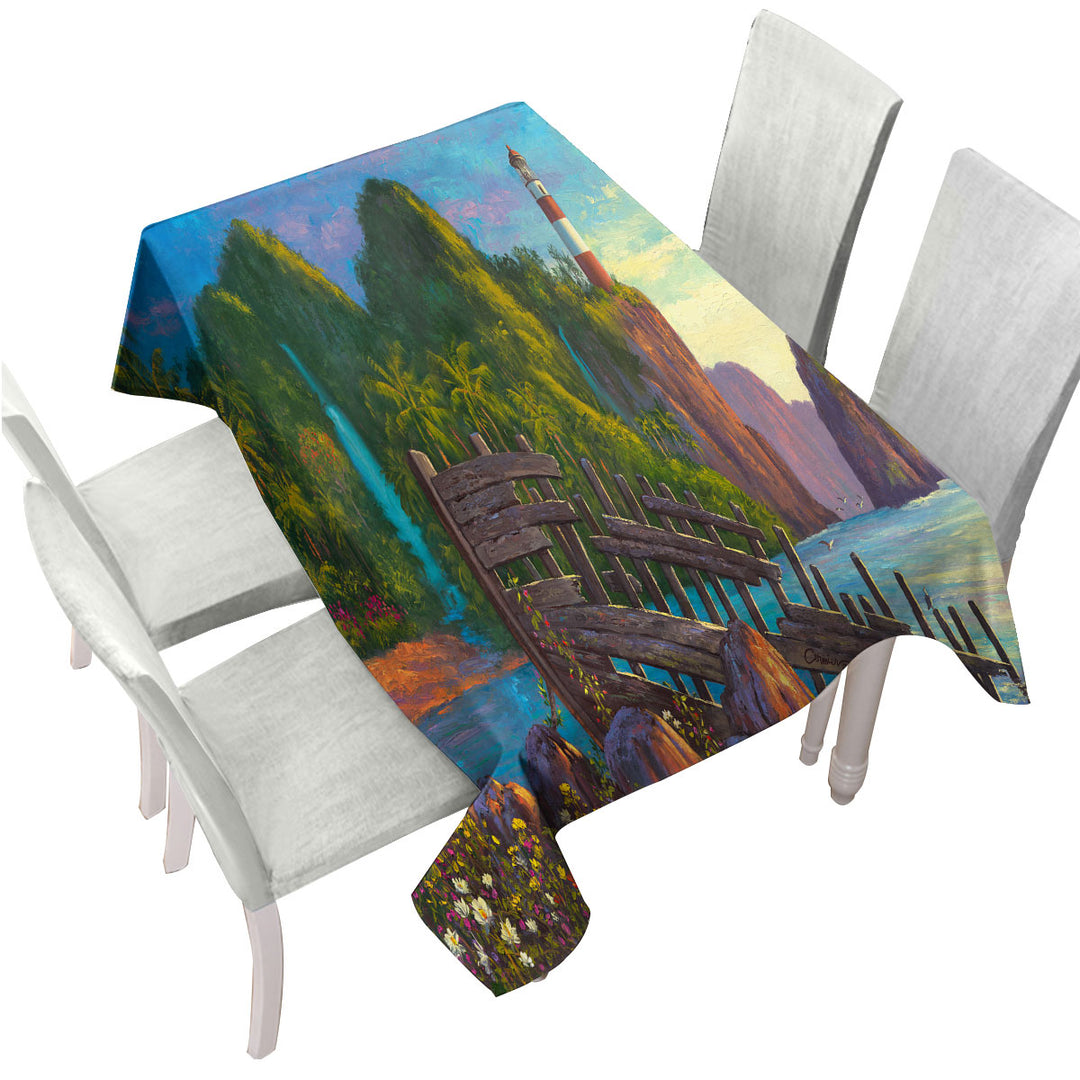 Custom table Covers with Coastal Art Painting Lighthouse in Paradise Cove