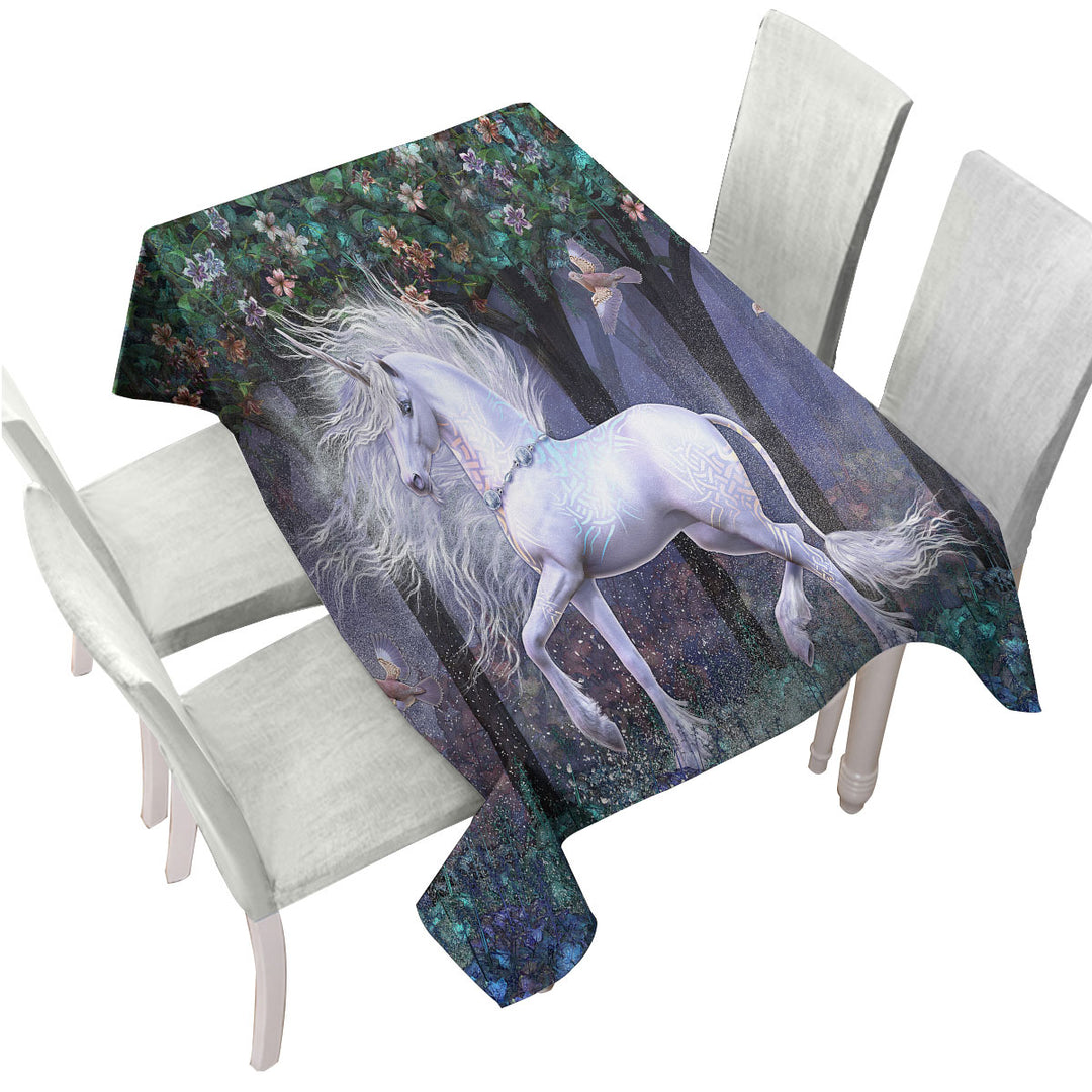 Custom table Covers with Magical White Unicorn and Birds Sacred Grove