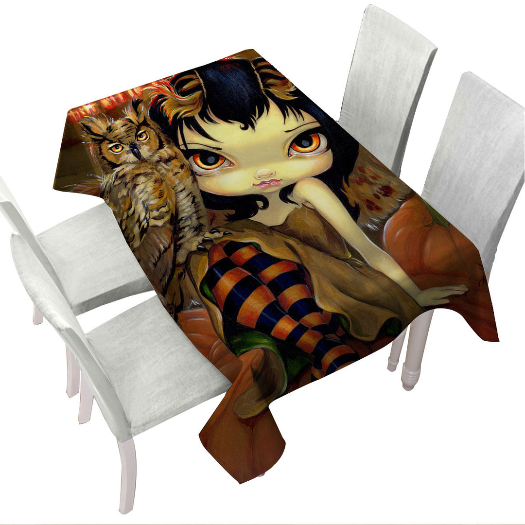 Custom table Covers with The Owl Fairy Owlyn in Autumn Sitting on Pumpkins