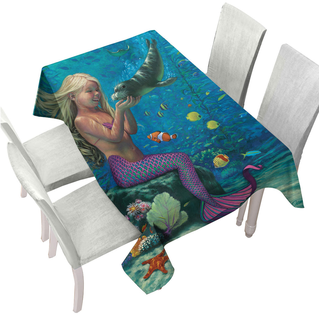 Custom table Covers with Underwater Friends Baby Seal and Girl Mermaid