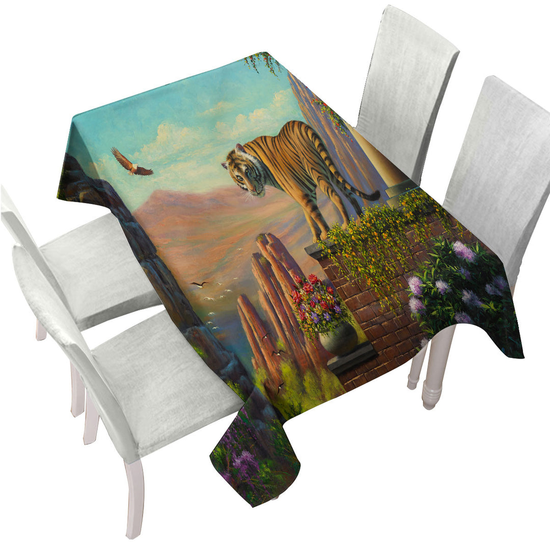 Custom table cloth with Painting of Tiger on Floral Terrace