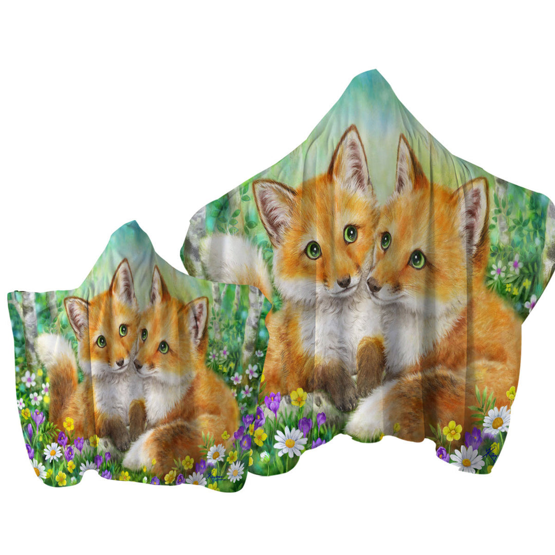 Cute Animal Painting Fox Brothers and Flowers Towel Hoodie