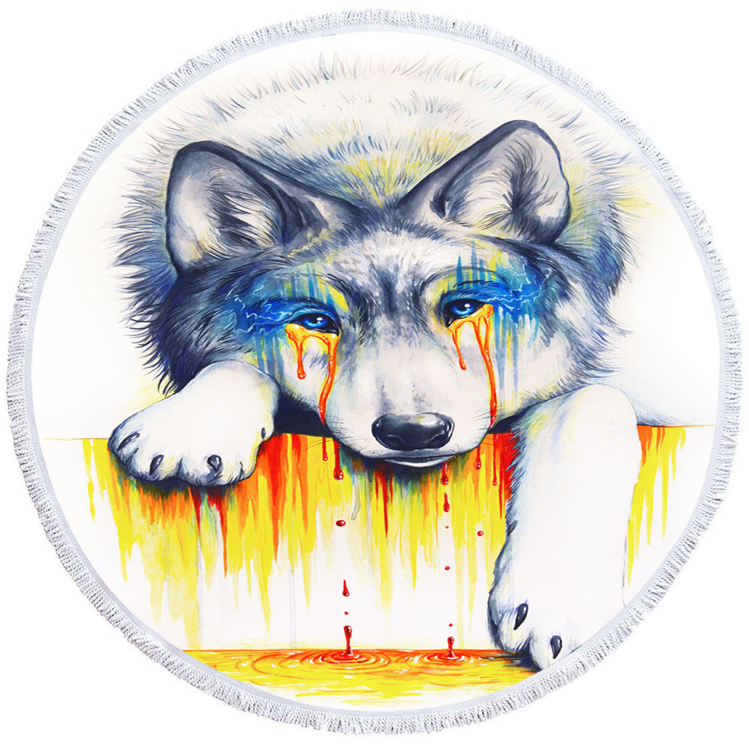 Cute Animal Round Beach Towel Drawing Drowning in Tears Wolf Cub