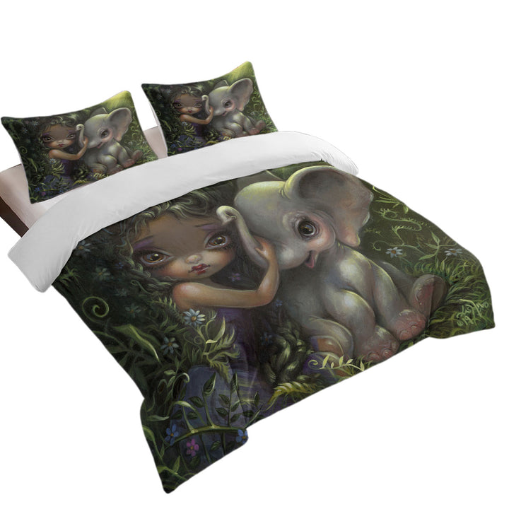 Cute Art Big Eyed Maiden with Elephant Friend Coverlets