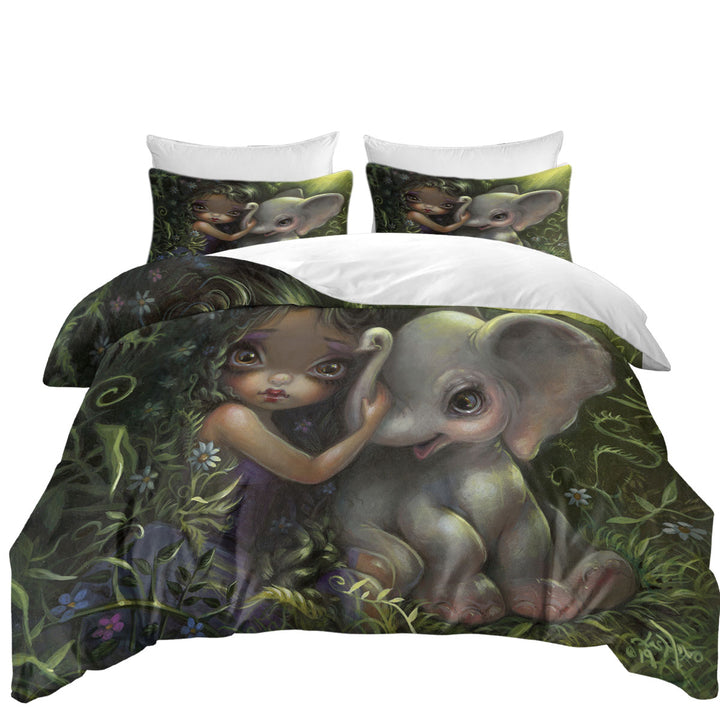 Cute Art Big Eyed Maiden with Elephant Friend Duvet Cover