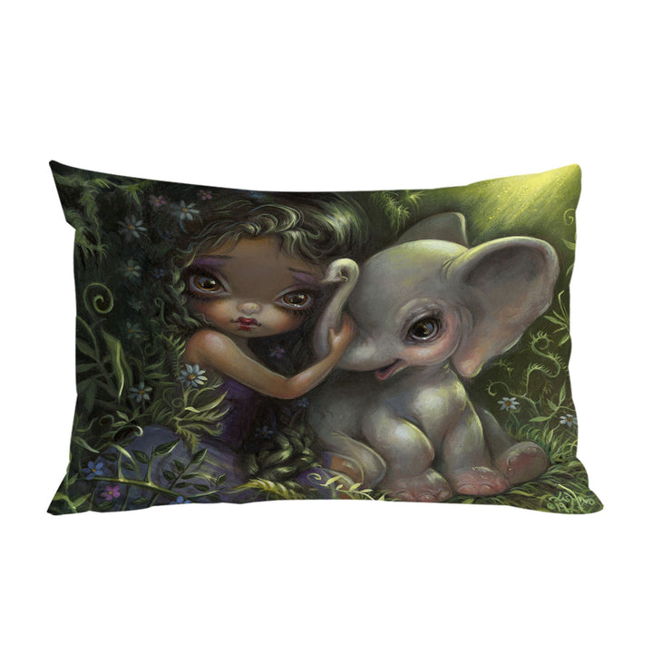 Cute Art Big Eyed Maiden with Elephant Friend Pillowcase