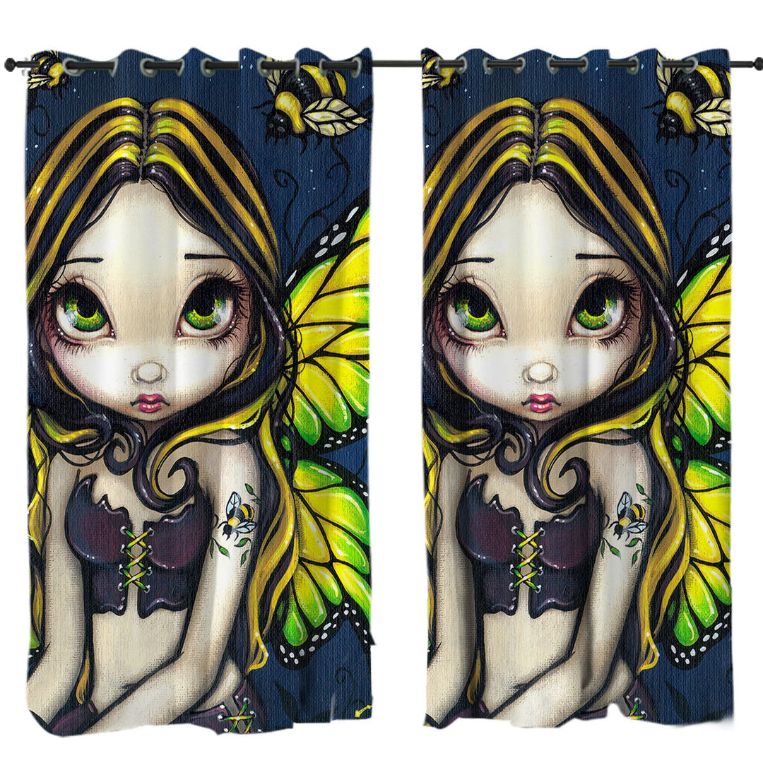 Cute Art Bumblebee Tattoo on Butterfly Fairy Curtains for Bedroom